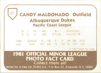 1981 TCMA Albuquerque Dukes #21 Candy Maldonado Back