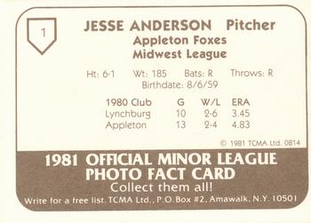 1981 TCMA Appleton Foxes #1 Jesse Anderson Back