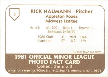 1981 TCMA Appleton Foxes #6 Rick Naumann Back