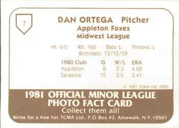 1981 TCMA Appleton Foxes #7 Dan Ortega Back