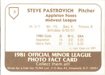 1981 TCMA Appleton Foxes #8 Steve Pastrovich Back