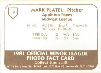 1981 TCMA Appleton Foxes #9 Mark Platel Back