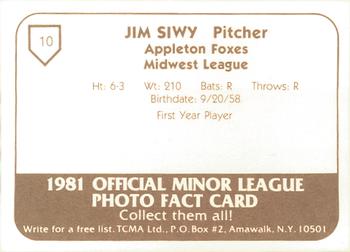 1981 TCMA Appleton Foxes #10 Jim Siwy Back