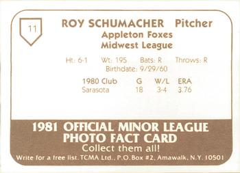 1981 TCMA Appleton Foxes #11 Roy Schumacher Back