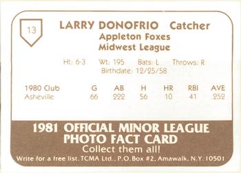 1981 TCMA Appleton Foxes #13 Larry Donofrio Back