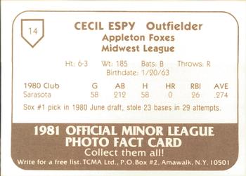 1981 TCMA Appleton Foxes #14 Cecil Espy Back