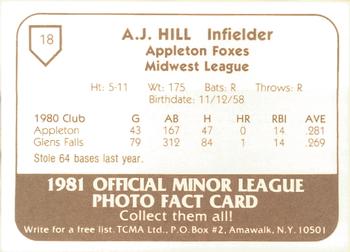 1981 TCMA Appleton Foxes #18 A.J. Hill Back