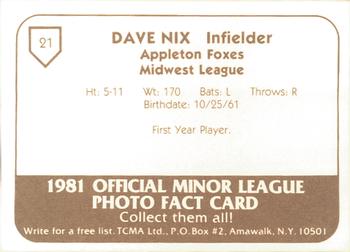 1981 TCMA Appleton Foxes #21 Dave Nix Back