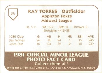 1981 TCMA Appleton Foxes #25 Ray Torres Back