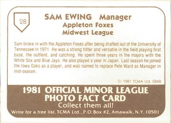 1981 TCMA Appleton Foxes #28 Sam Ewing Back