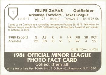 1981 TCMA Arkansas Travelers #1 Felipe Zayas Back