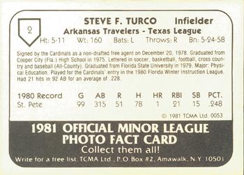 1981 TCMA Arkansas Travelers #2 Steve Turco Back