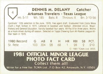 1981 TCMA Arkansas Travelers #4 Dennis Delany Back