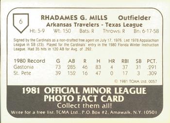 1981 TCMA Arkansas Travelers #6 Rhadames Mills Back