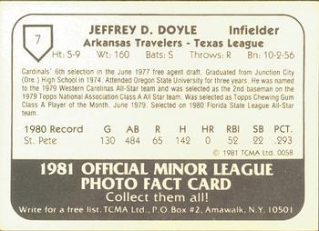 1981 TCMA Arkansas Travelers #7 Jeffrey Doyle Back