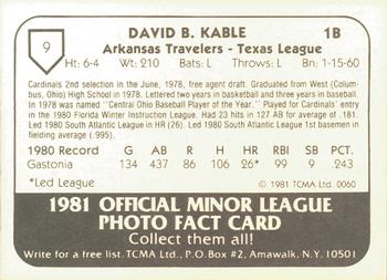 1981 TCMA Arkansas Travelers #9 David Kable Back
