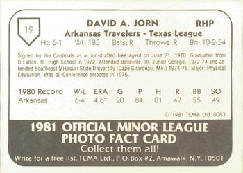 1981 TCMA Arkansas Travelers #12 David Jorn Back