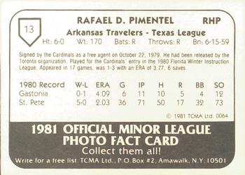 1981 TCMA Arkansas Travelers #13 Rafael Pimentel Back