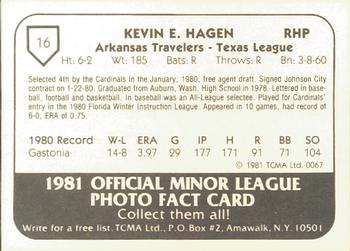 1981 TCMA Arkansas Travelers #16 Kevin Hagen Back