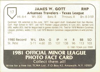 1981 TCMA Arkansas Travelers #17 James Gott Back