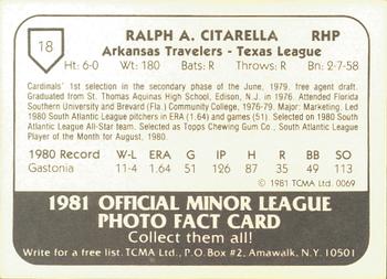 1981 TCMA Arkansas Travelers #18 Ralph Citarella Back