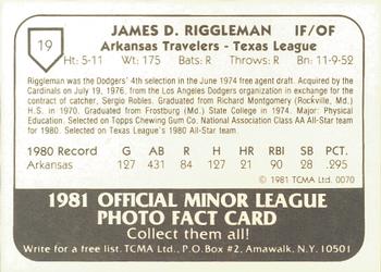 1981 TCMA Arkansas Travelers #19 James Riggleman Back