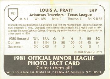 1981 TCMA Arkansas Travelers #20 Louis Pratt Back