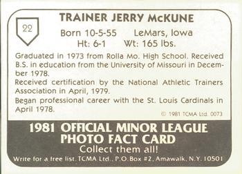 1981 TCMA Arkansas Travelers #22 Jerry McKune Back