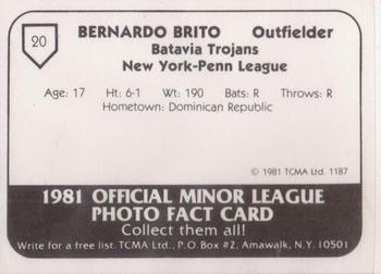 1981 TCMA Batavia Trojans #20 Bernardo Brito Back