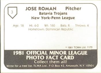 1981 TCMA Batavia Trojans #3 Jose Roman Back