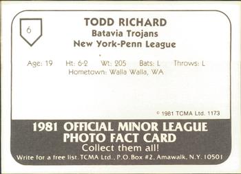 1981 TCMA Batavia Trojans #6 Todd Richard Back