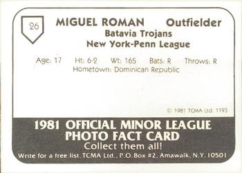 1981 TCMA Batavia Trojans #26 Miguel Roman Back