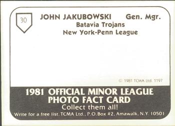 1981 TCMA Batavia Trojans #30 John Jakubowski Back