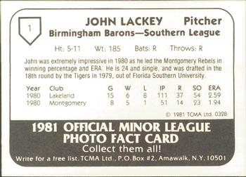 1981 TCMA Birmingham Barons #1 John Lackey Back
