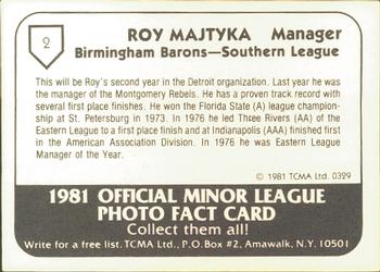 1981 TCMA Birmingham Barons #2 Roy Majtyka Back