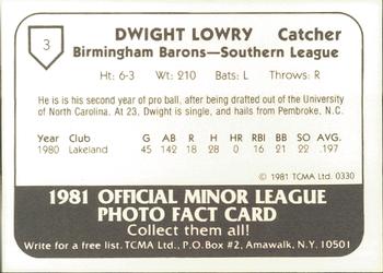 1981 TCMA Birmingham Barons #3 Dwight Lowry Back