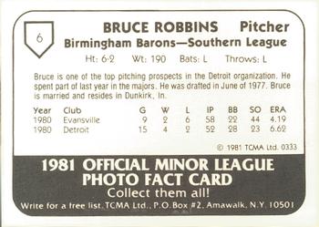 1981 TCMA Birmingham Barons #6 Bruce Robbins Back