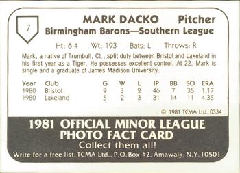 1981 TCMA Birmingham Barons #7 Mark Dacko Back