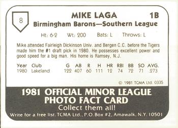 1981 TCMA Birmingham Barons #8 Mike Laga Back