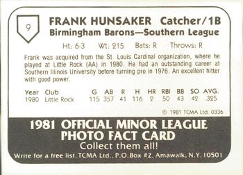 1981 TCMA Birmingham Barons #9 Frank Hunsaker Back