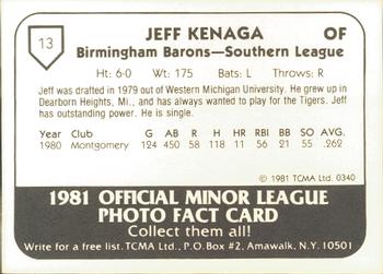 1981 TCMA Birmingham Barons #13 Jeff Kenaga Back