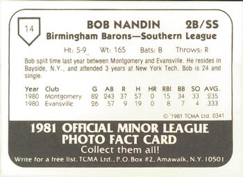 1981 TCMA Birmingham Barons #14 Bob Nandin Back