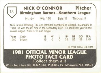 1981 TCMA Birmingham Barons #18 Nick O'Connor Back