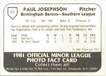 1981 TCMA Birmingham Barons #24 Paul Josephson Back