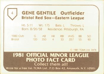 1981 TCMA Bristol Red Sox #4 Gene Gentile Back