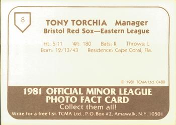 1981 TCMA Bristol Red Sox #8 Tony Torchia Back