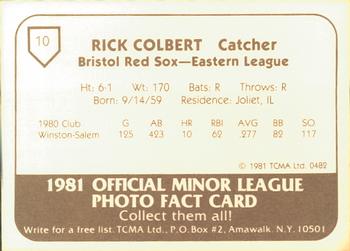 1981 TCMA Bristol Red Sox #10 Rick Colbert Back