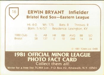 1981 TCMA Bristol Red Sox #16 Erwin Bryant Back