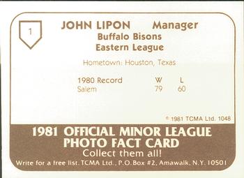 1981 TCMA Buffalo Bisons #1 John Lipon Back