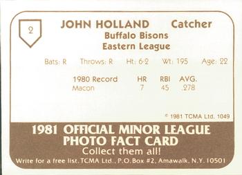 1981 TCMA Buffalo Bisons #2 John Holland Back